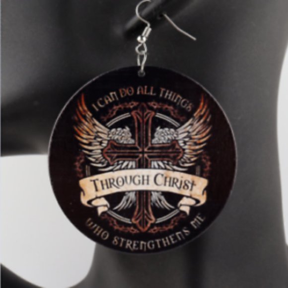 Jesus Christ Earrings Christian Jewelry Wooden Dangle Double Side Print - Picture 1 of 2